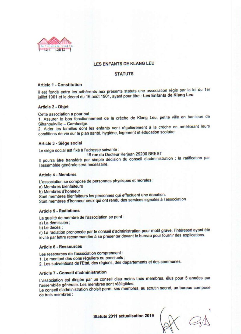 Première page de Statuts de l'association (France et Cambodge)