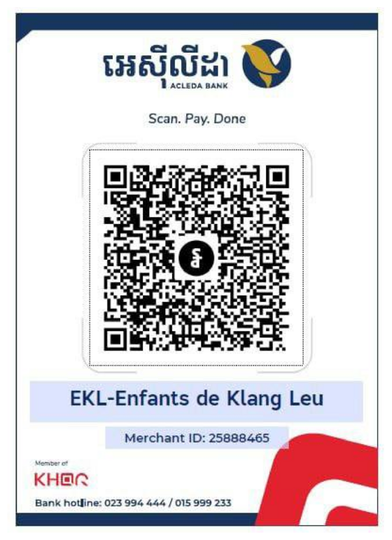 ACLEDA donation QR code, EKL Enfants de Klang Leu